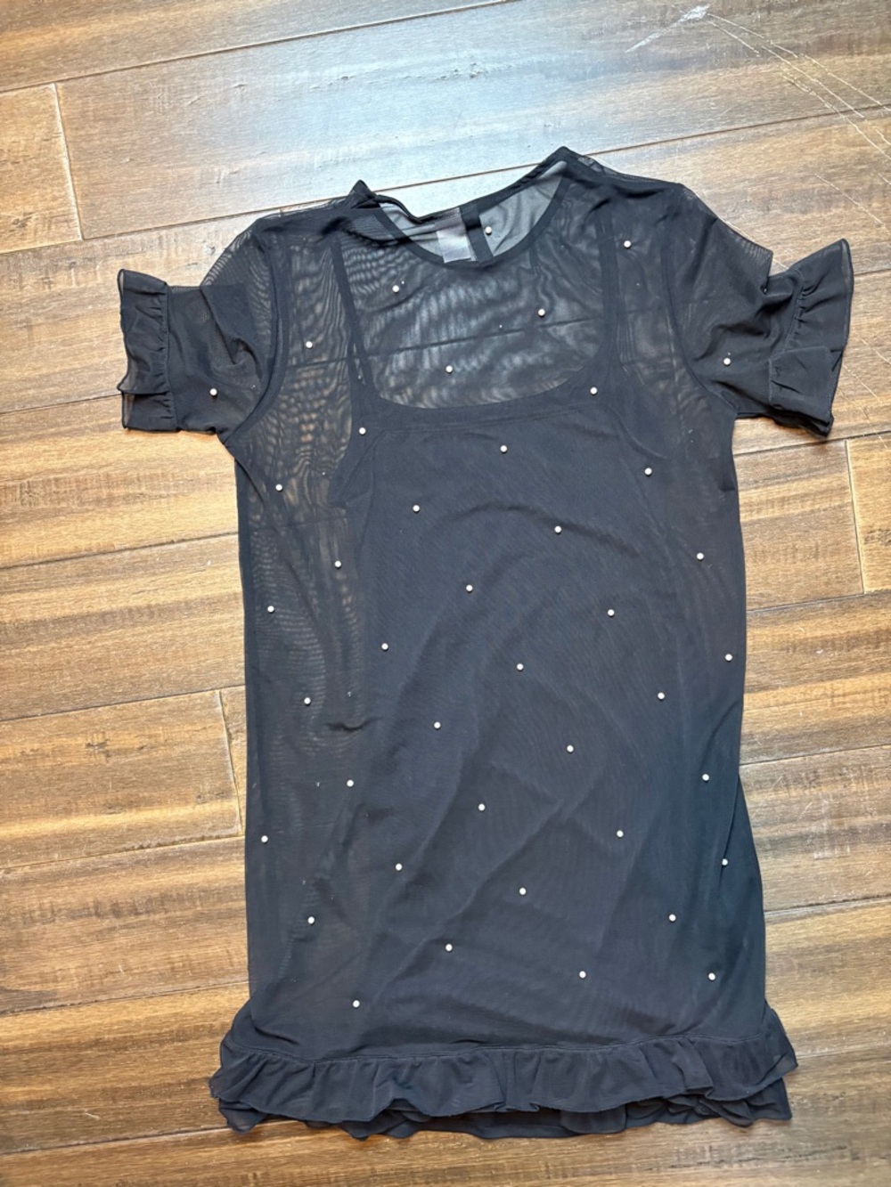 Sz 4 Black Dress Sheer Mesh Pearl Studs & Ruffle Hem, Short sleeve mini bodycon - Picture 10 of 11